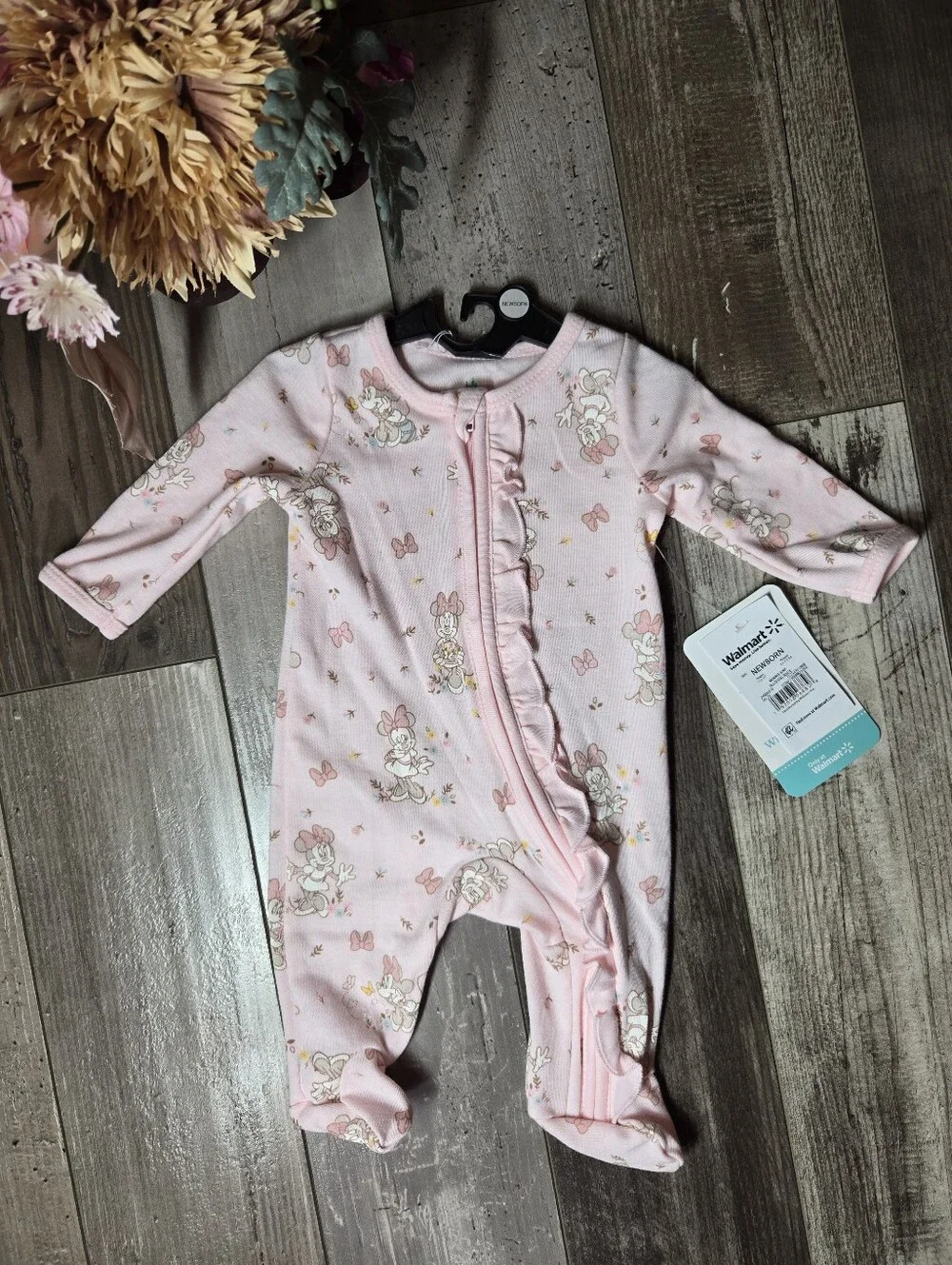 NWT Disney Pink Minnie Mouse Ruffle‑Trim Zip One‑Piece Footie – Size Newborn